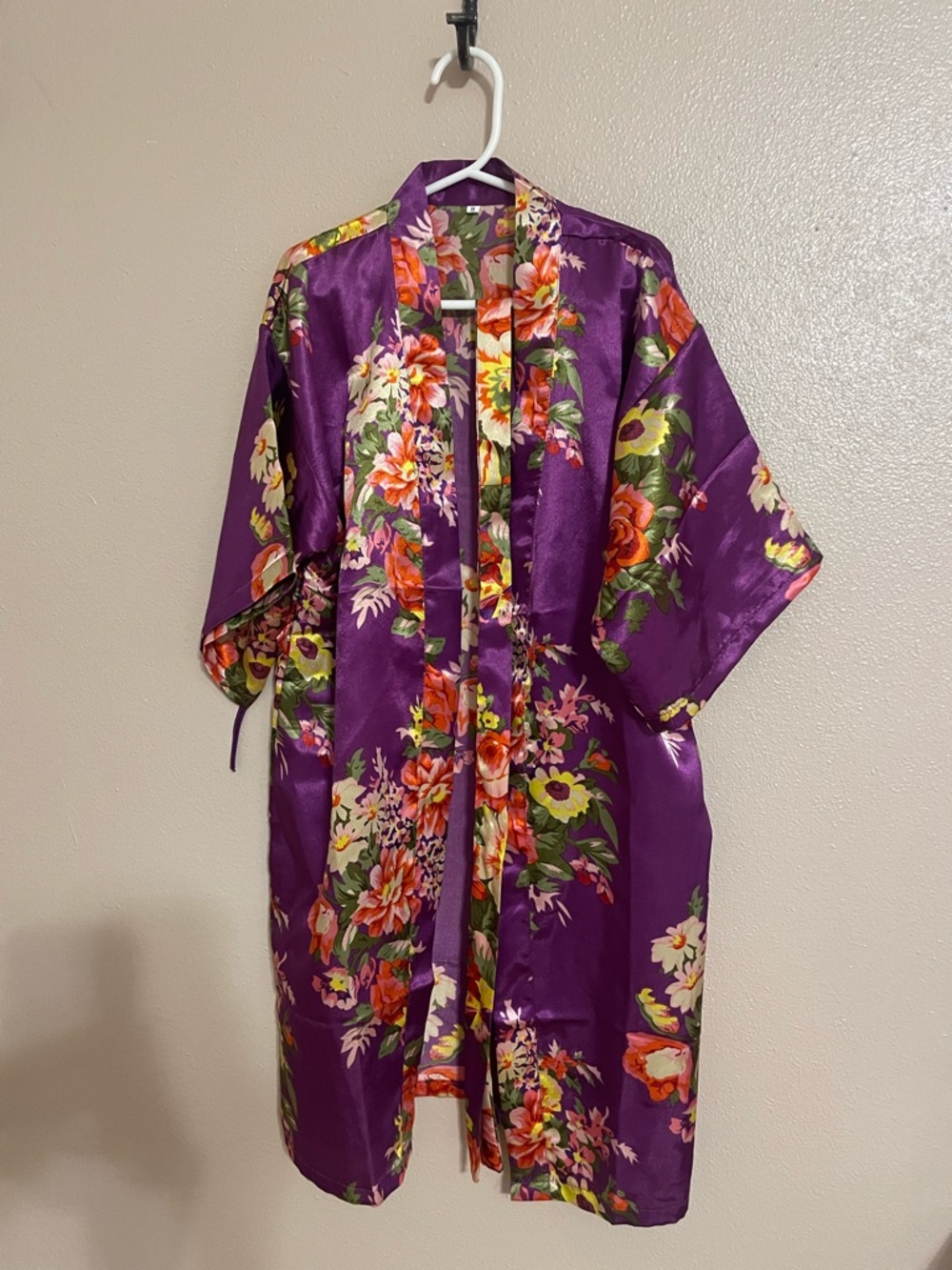 Purple Floral Satin Kimono Robe